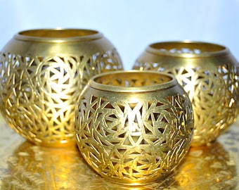 Handmade Brass Moroccan Tealight Holder Set: Round Candle Lanterns