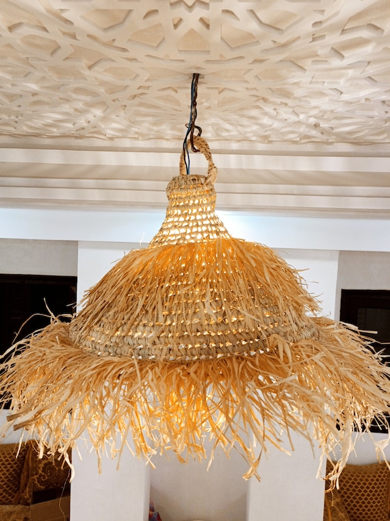 Suspension parasol en paille doum fibre naturelle tressée & raphia