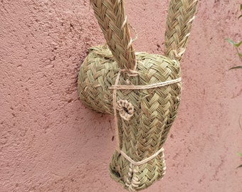 May include: A woven straw donkey head wall hanging with a light brown background. The donkey's ears are long and pointed, and its face is simple with a small nose and mouth.