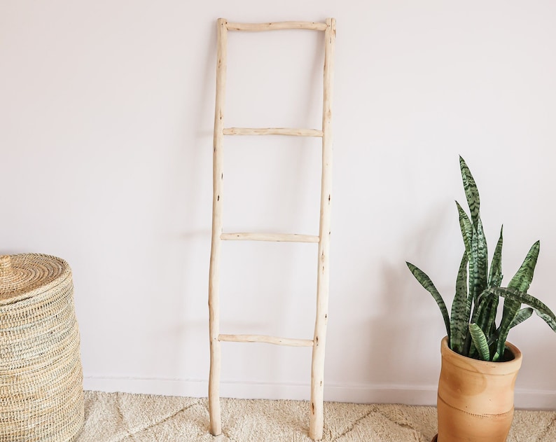 Puede incluir: Una estanter&iacute;a de madera natural en forma de escalera con tres pelda&ntilde;os. La escalera est&aacute; apoyada en una pared blanca y est&aacute; delante de una alfombra marr&oacute;n claro. Una planta serpiente en maceta se encuentra a la derecha de la imagen.