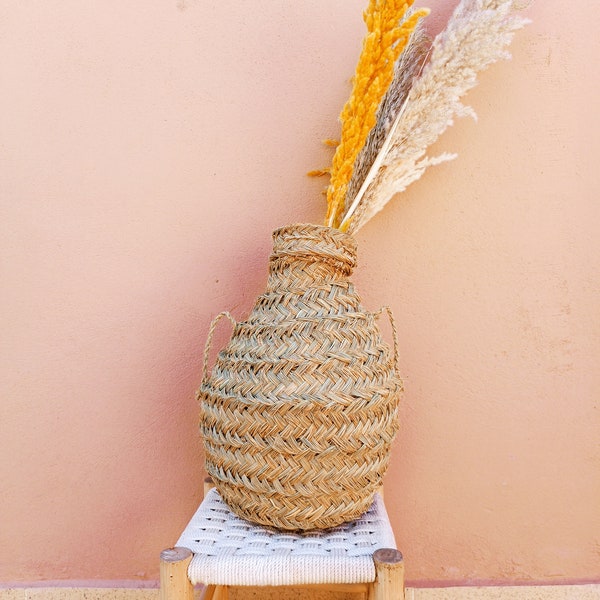 handmade wicker vase - boho vase- Braided vase in palm leaf jar pot interior decoration dried flowers boho Wabi-sabi Moroccan handicraft