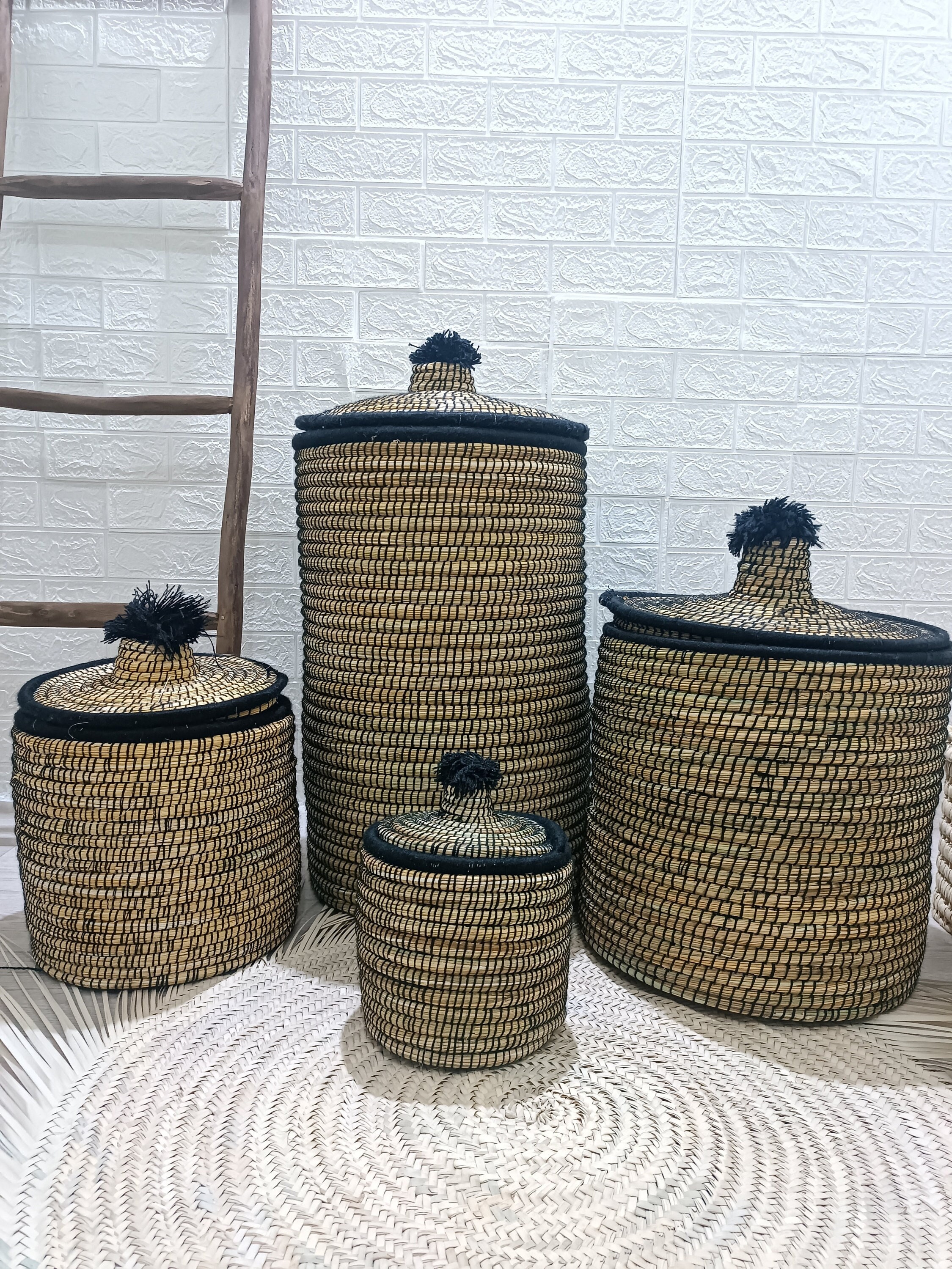 手作りの蓋付き編みかご：アフリカのボヘミアン風インテリア - Etsy 日本