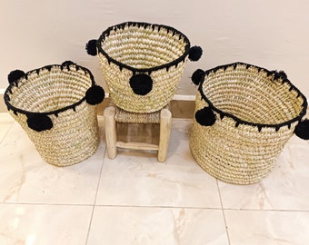 set of 3 handmade baskets ecofriendly  boho decor, morocco wicker storage, wicker chest, blanket organisation