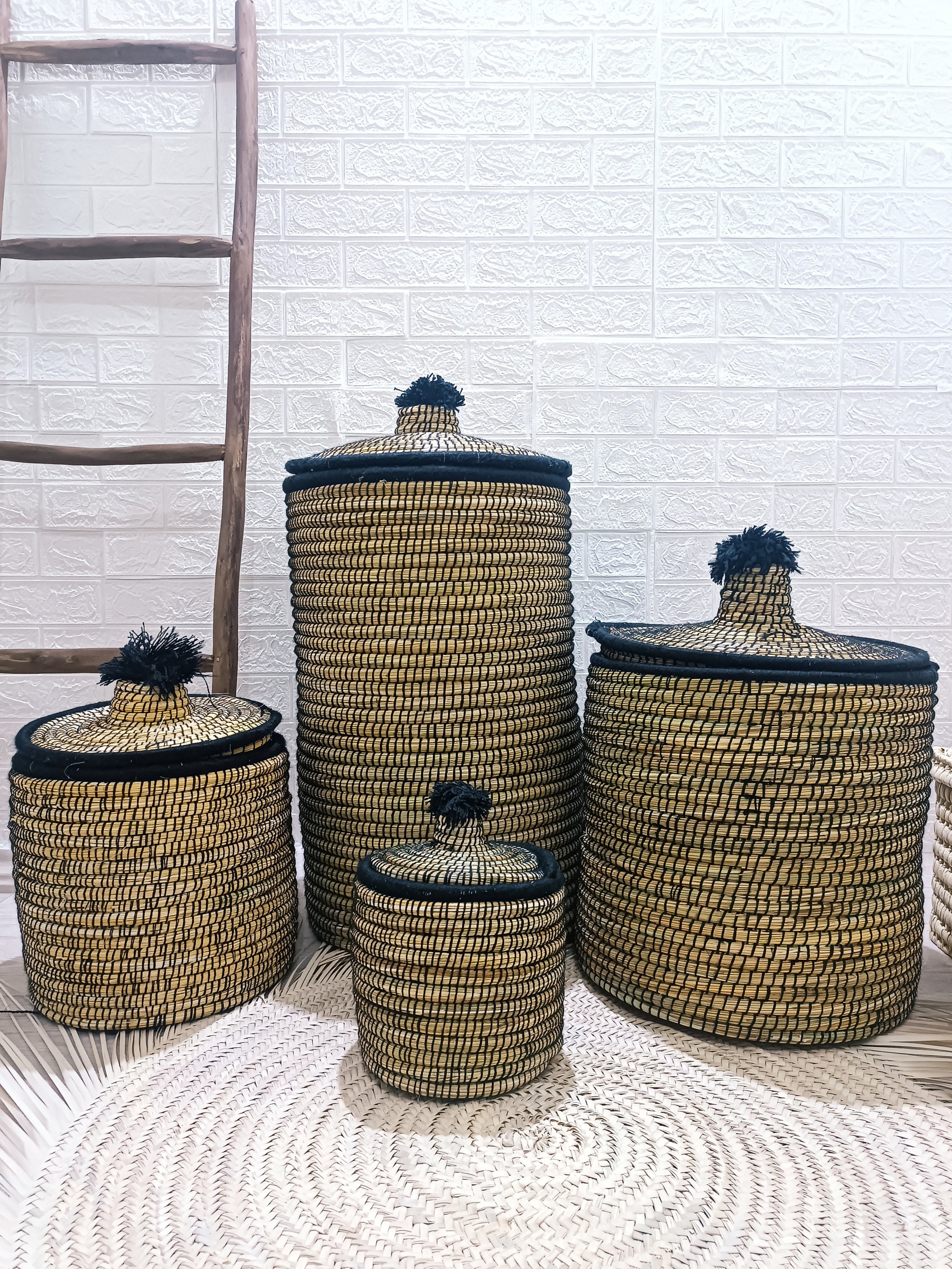 手作りの蓋付き編みかご：アフリカのボヘミアン風インテリア - Etsy 日本