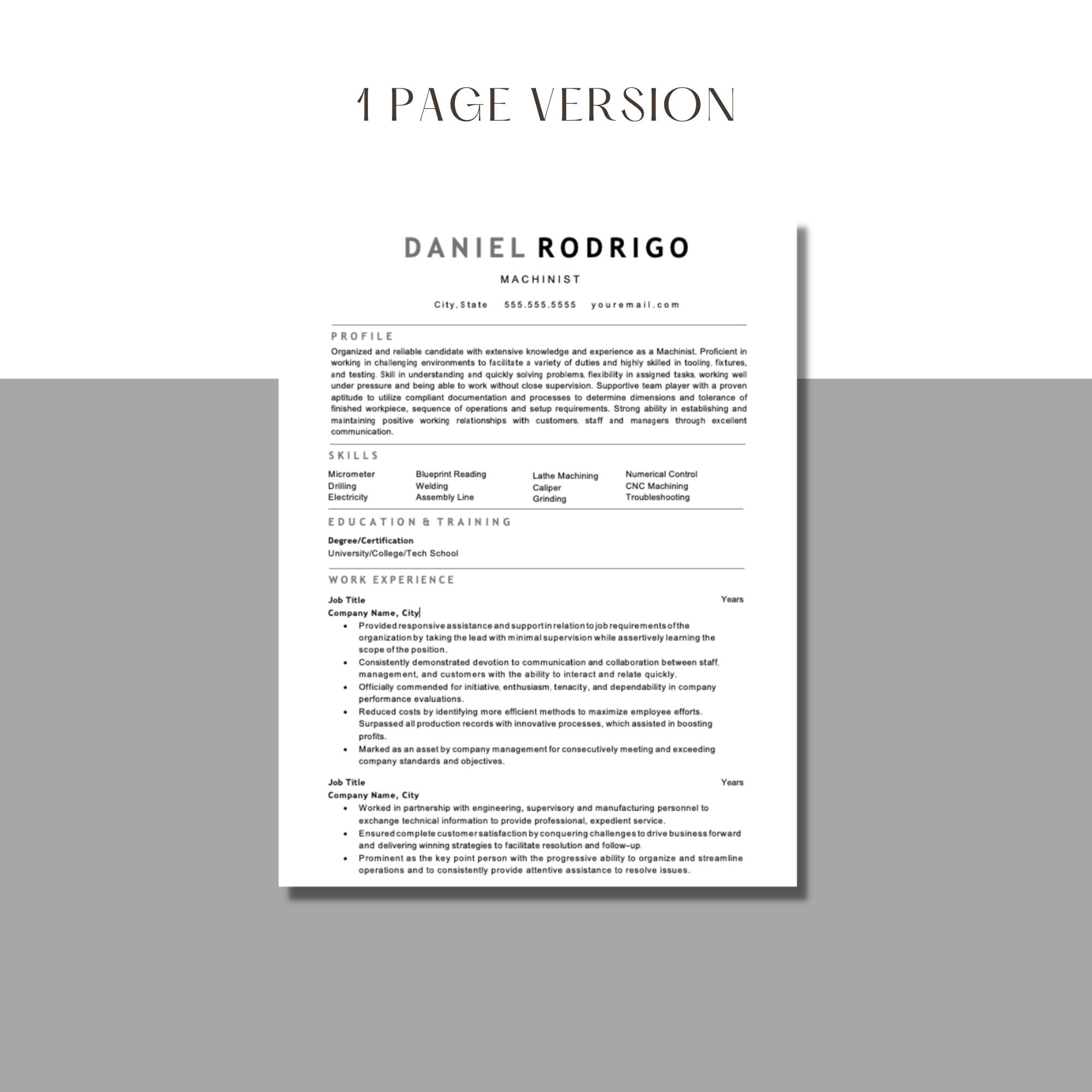 Blue Collar Resume Machinist Resume Template Custom Resume Etsy