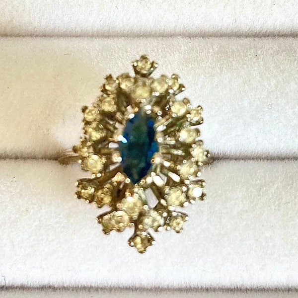 Vintage Vtg Vargus 18K White HGE Cocktail Ring Sz 6.75 Center Marquis Blue Faux Sapphire Rhinestone Surround Domed Layered Navette