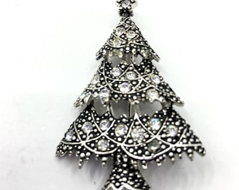 Vintage Vtg Anne Klein 1990&#39;s Silver Tone Japanned White Clear Rhinestones Broche de árvore de Natal Pin Jóias de festa de Natal