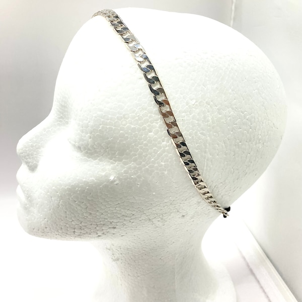 Vintage Vtg Silver Tone Metal Lnk Chain Headband Elasticized Hair Updo Prom Party Gothis Simple Minimalist