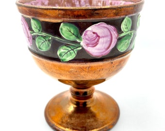 Antique Lusterware Goblet Staffordshire? England 1840-1850’s Enameled Interior Copper Luster Floral Motiff Stemmed Glass Chalice Rare