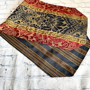 Vintage Vtg Brocade Damask Table Runner 39.75x13” Double Sided Red Gold Blue Dresser Scarf