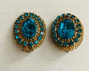 Stunning Antique Art Deco Teal Aqua Turquoise Prong Set Austrian Crystal & Gold Vermeil Clip On Earrings