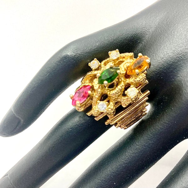 Vintage Vtg Aurora Jewelry Co 18K HGE Ring Sz 7.75 Domed Thick Granulated Multi Colored Gemstones Lab Created Prong Set Brutalist Cocktail