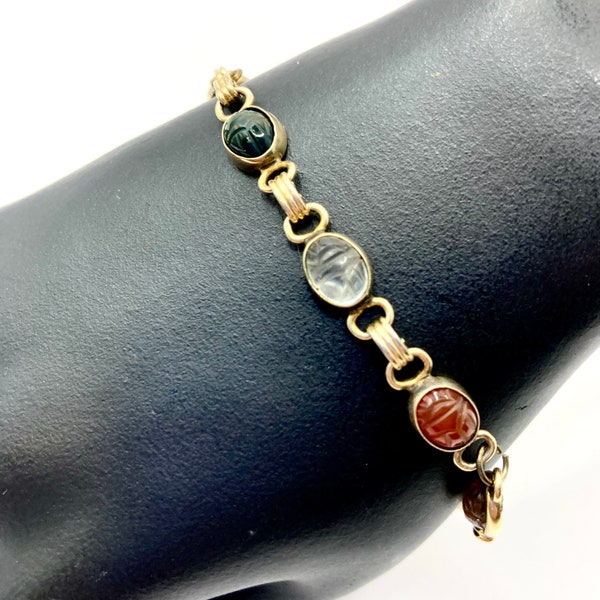 Vintage Vtg Scarab Bracelet Sz 6.75 Gemex Made In USA Semi Precious Stones Egyptian Revival Gold Tone Multicolor Luck Rebirth