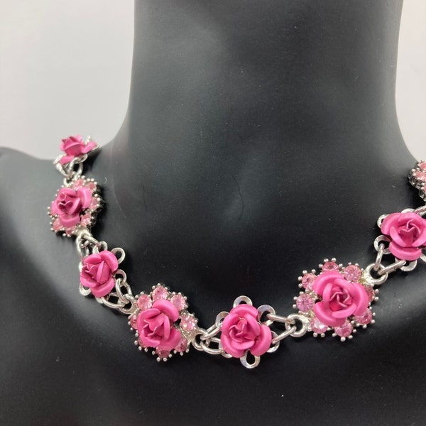 Vintage Vtg 1990’s Nina Ricci For Avon Pink Rose Choker Necklace Silver Tone Satin Enamel Silver Tone Rhinestones Link Chain 15-17”