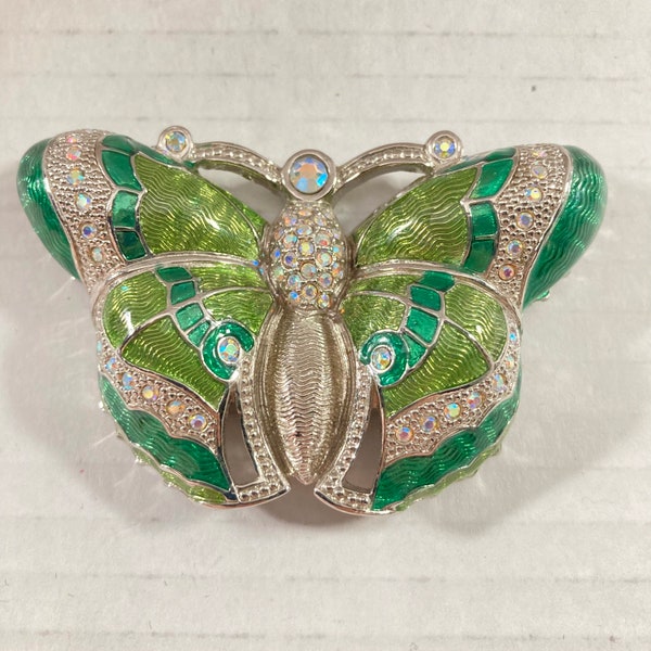 Vintage Vtg Edgar Berebi Limited Edition Blue Dawn Butterfly Trinket Box Top Upcycled For Use As A Necklace Pendant Green Enamel Silver Tone