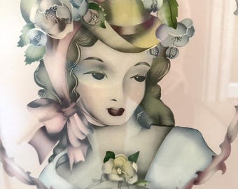 Vintage 1940’s Beautytone Lithograph Lady In Hat Portrait Print By Cecilia Terone Framed 17x19.25” Pink Peach Colorway SEE