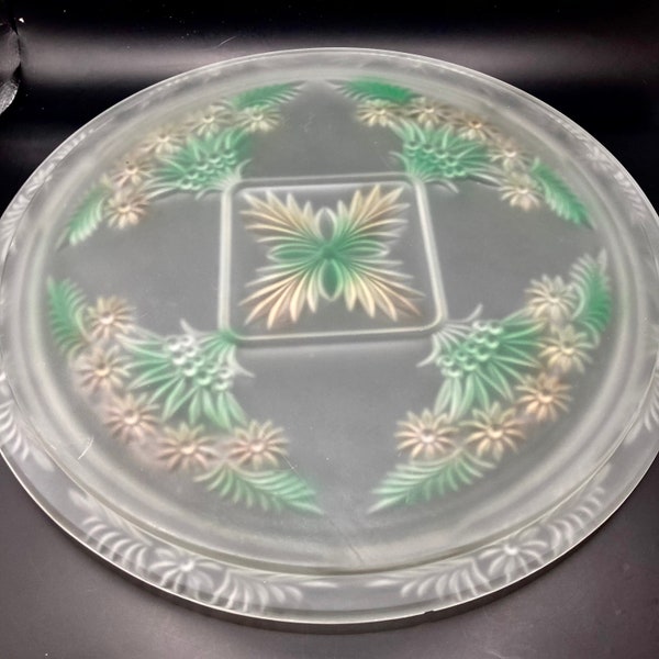 Vintage Vtg Indiana Frosted Pressed Glass Reversed Painted Footed Cake Plate Platter Tray Red Green Floral Daisy Diane 12.5” SEE