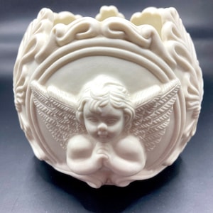 Vintage Vtg Ängel Kerub Bisque Planter Ljusstake Godisfat 11,5 cm Religiös Alla hjärtans dag Jul Keramik 3D