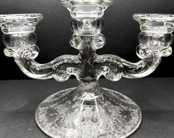 Vintage Cambridge 3 Light Candlestick Candelabra Clear “Diane” Etched Base 8x5.75”