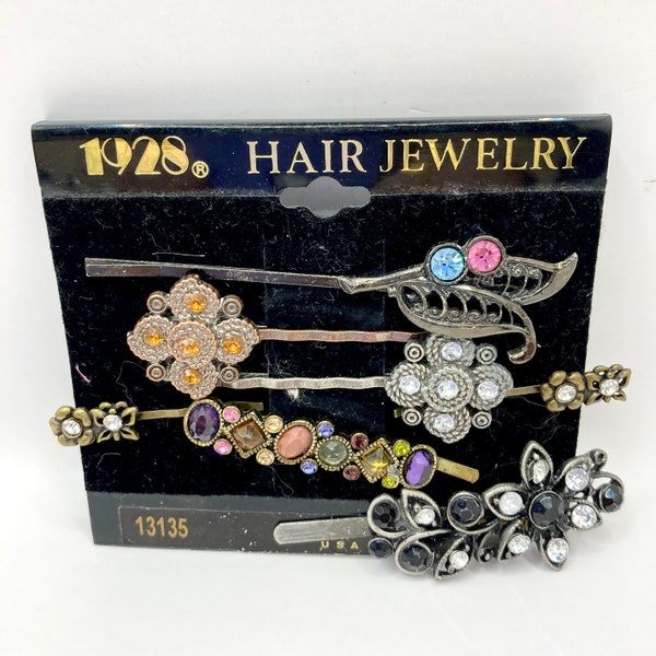 Vintage Vtg 1928 Co Hair Clips Pins Multicolor Rhinestones 1990’s Y2K On Card For Buns Updos Flower Floral Prom
