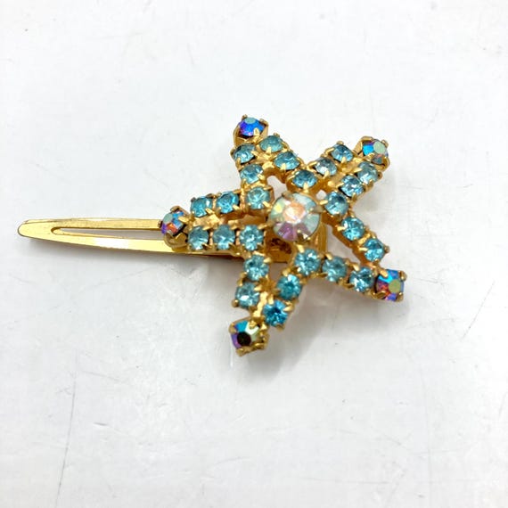 Vintage Blue Moonstone Aurora Borealis Rhinestone Hair Barrette Vintage Aurora Borealis Rhinestone Abstract Tulip Pair of  main image 3