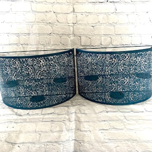 Vintage Vtg Wall Candle Holder Sconce Pair (2) Blue Metal Floral Filigree Openwork Curved 3 Pillar Candle Holders Each 14x9.25x5” Cottage