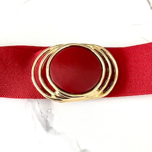 Round Gold Toned Metal Buckle Elastic Stretch Belt In Cherry Red NEW Women Red Fabric Elastic Skinny Slim Style Belt Gold Circle  main image 4