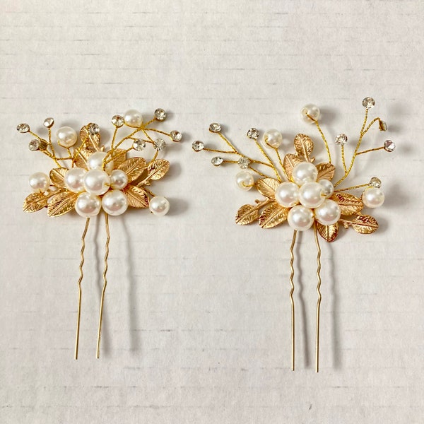 Vintage Vtg Gold Tone Faux Pearl Rhinestone Floral Spray Hair Pins Picks (2) For Updo Bun