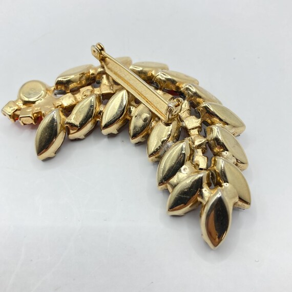 Vintage Vtg 1960’s Stylized Rhinestone Leaf Spray Brooch 2.7” Prong Set Red Brown Glass Stones Arch Semi Circle Pin View 2