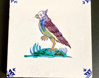 Vintage Vtg Handpainted Delft Holland Ceramic Bird Tile Parrot Eagle SEE