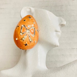 Vintage Vtg 1960’s Carolee Peachy Orange Creamsicle Easter Egg Clip On Earrings W/ Bow Rhinestones & Crosses SEE