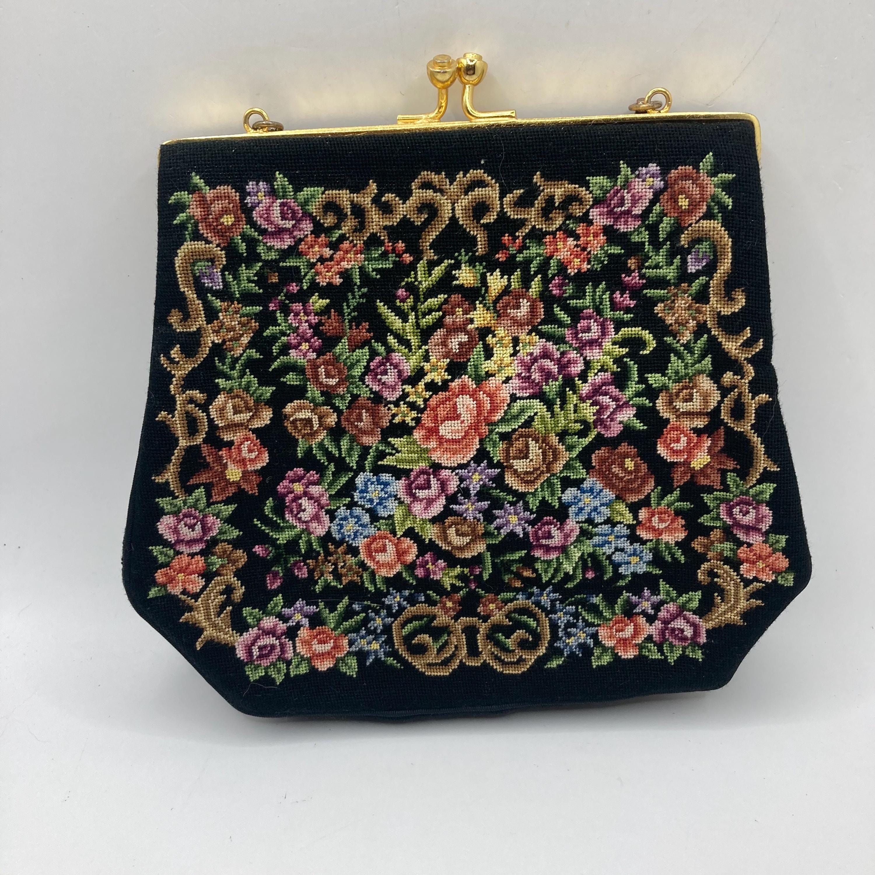 Vintage Vtg Petit Point Needlepoint Tapestry Bag Evening Purse