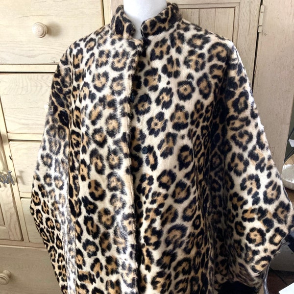 Vintage Vtg Leopard Print Swing Cape 1950’s Black Satin Lining OS 32L  x 43W Fur Sleeved Coat Or Sleeveless  Cape Dramatic MCM Read