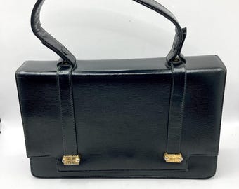 Vintage Vtg Black Leather Hilco Handbag Top Handle Gold Trim 8.75x6” Made In Haiti Small Purse Bag Pocketbook 1960’s READ
