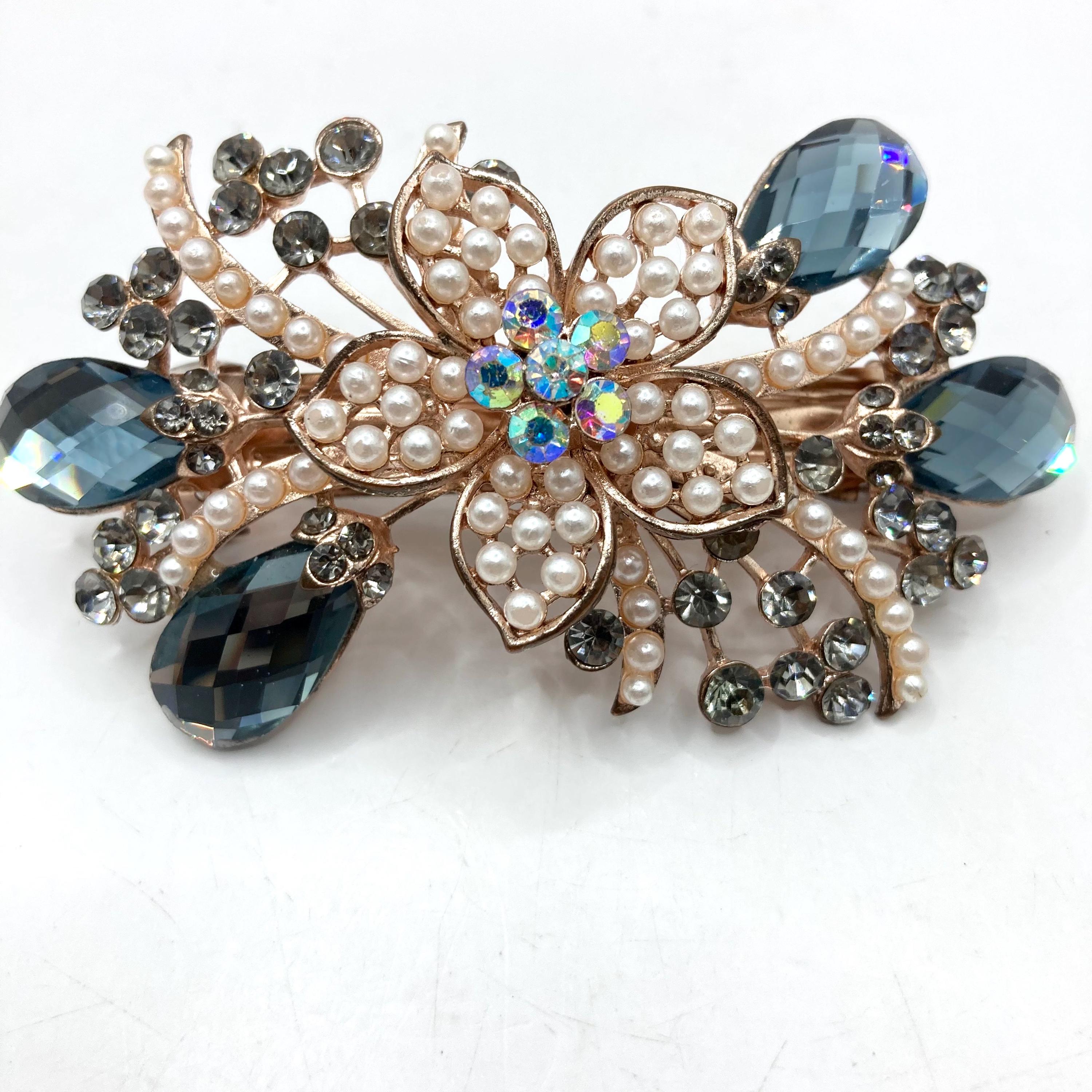 Vintage Vtg Floral Spray Hair Clip Barrette Rhinestones Faux  display picture 1