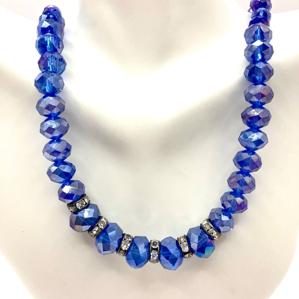 Vintage Vtg 2028 Blue Faceted Iridescent Beaded Necklace Choker W/ Extension AB Aurora Borealis MCM Style Crystal Cornflower Blue