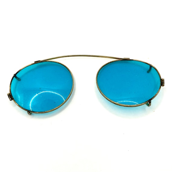 Antique WWI Era Clip On Sunglasses Rare Blue Lense