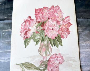 Acuarela vintage original sobre papel, ramo floral de peonías, 12x16, firmada, sin marco. VER
