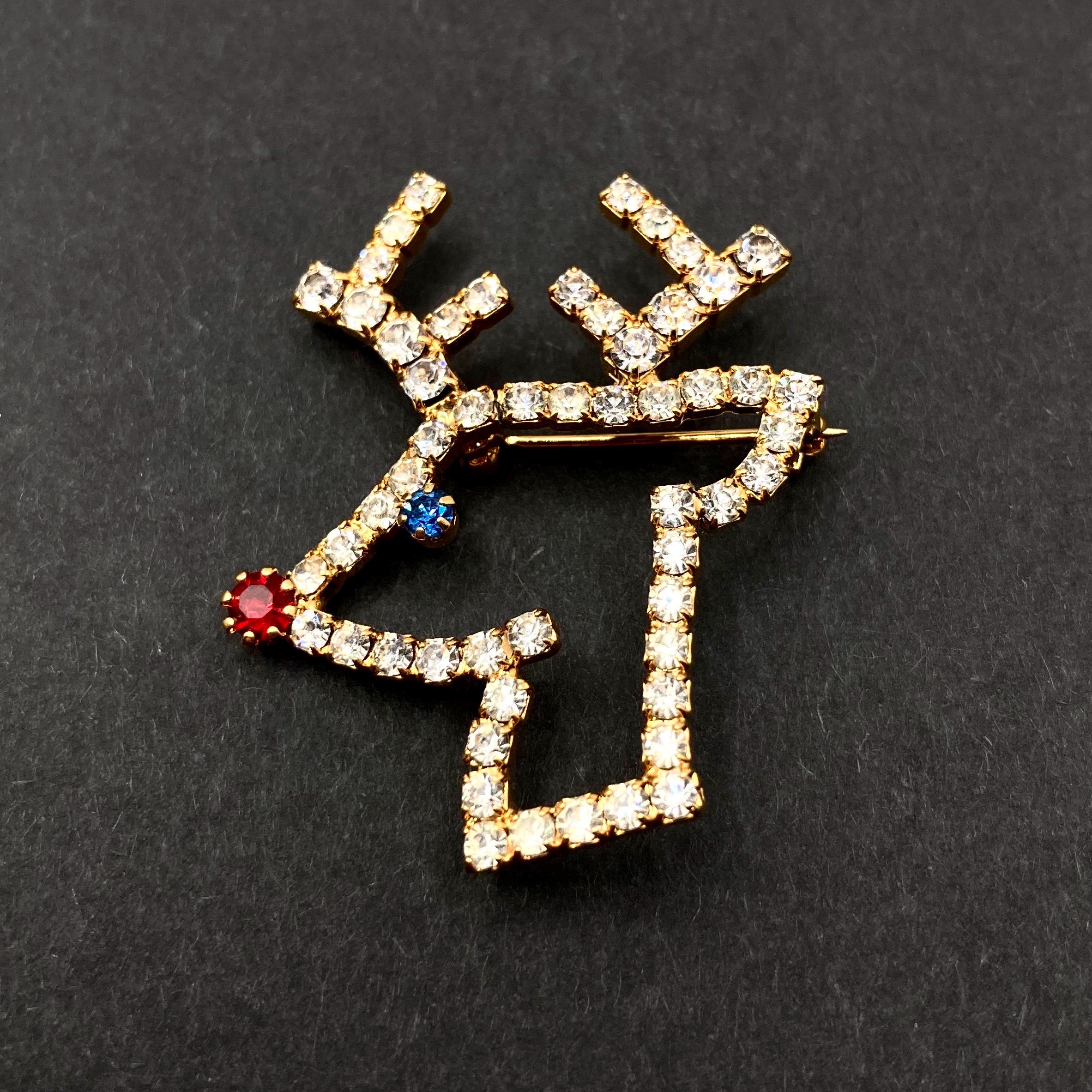 Vintage Vtg Strass Incrustado Rudolph The Red Nose Rena Broche Branco Conjunto de Pontas Natal Natal Feriado Pin