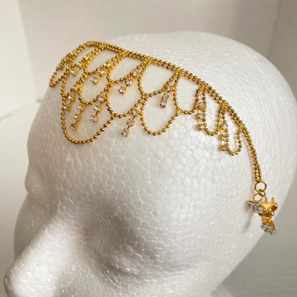 Vintage Vtg Gold Tone Tiara Head Chain Jewelry Crown Belly Dancer Ballerina Bollywood Cosplay Queen