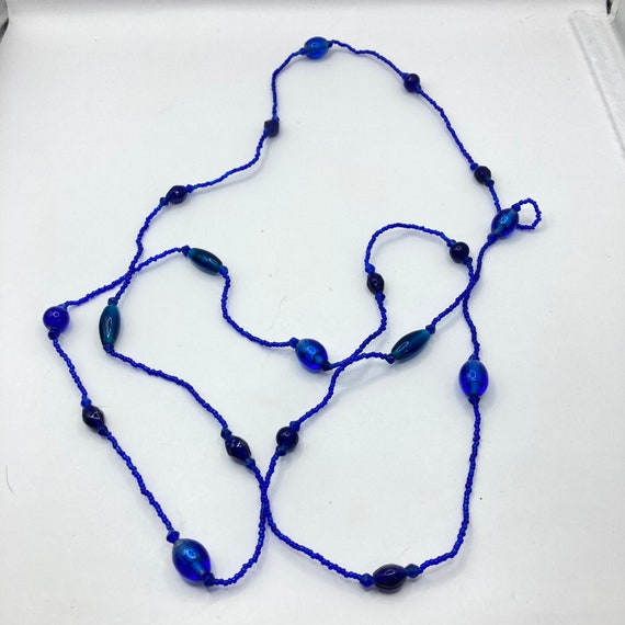 Vintage Vtg Art Glass Cobalt Blue Beaded Necklace… - image 4