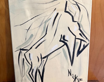 Originalkonstverk Abstrakt linjemålning Stigande häst Signerad N Skyes 16x20 Svart Vit Grå Vissa brister