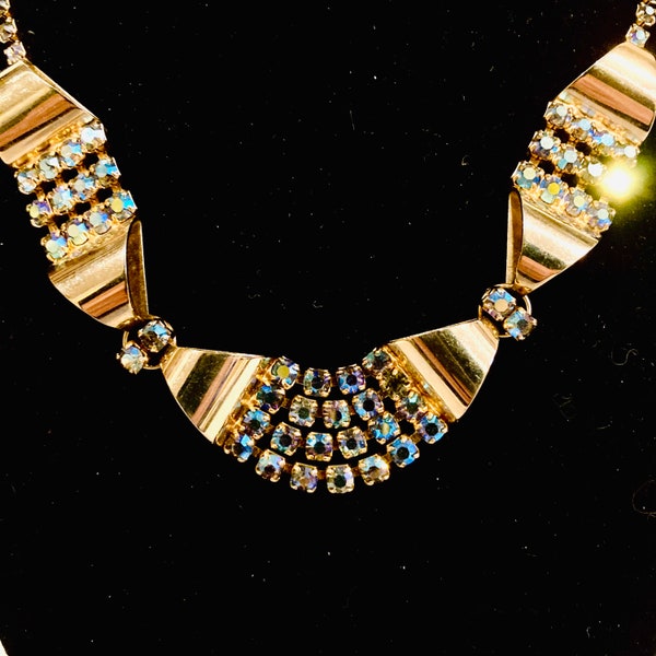 Vintage Vtg MCM Gold Tone Bows Light Blue Aurora Borealis Rhinestone Link Bib Hollywood Regency Style Choker Necklace