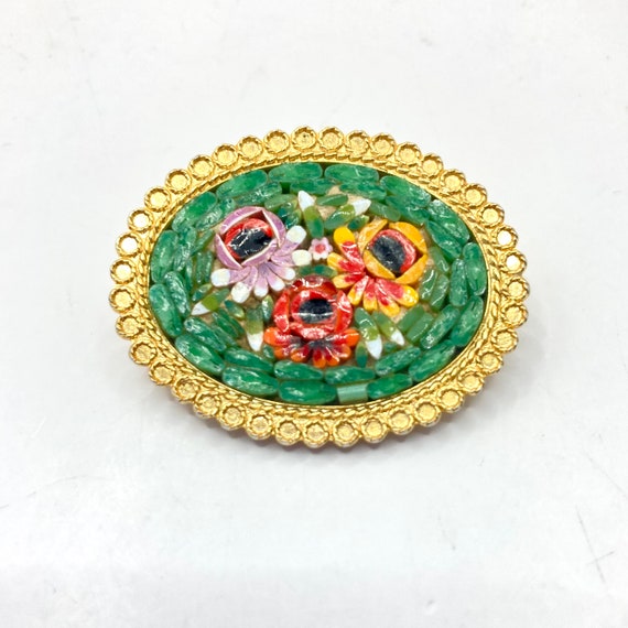 Vintage Vtg Glass Mosaic Floral Brooch Oval Gold … - image 1