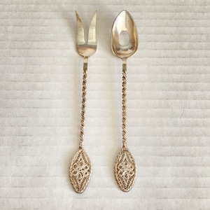Vintage Vtg Antique? Delicate Long Handled Small Condiment Cantanille Wire Work Fork & Spoon Silver Plated