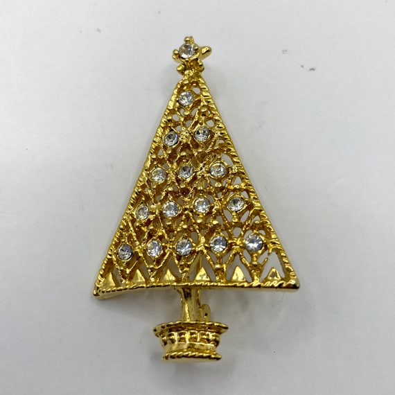 Vintage Vtg Christmas Tree Brooch Gold Tone White… - image 1