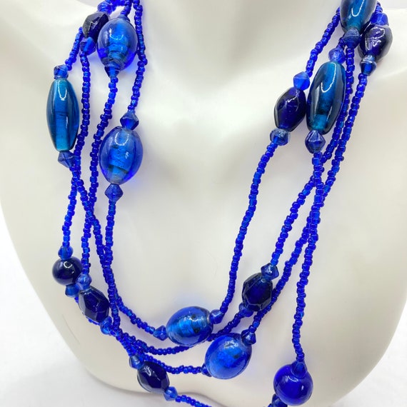 Vintage Vtg Art Glass Cobalt Blue Beaded Necklace… - image 1