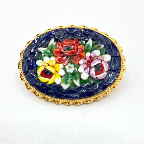 Grande Broche Vintage En Micro-mosaïque Italie - Motif Floral, Multicolore, état Correct