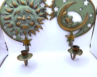 Vintage Sun Moon Metal Candle Wall Sconces Partylite 1994 9x7.5x3.5” Green Gold Accents SEE