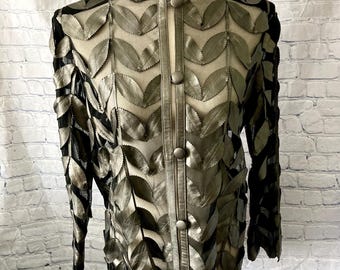 Vintage Vtg Women’s Stillman Studio Sz M Cut Out Leather Leaves Sheer Mesh Jacket Blazer Grey Gray Boho Rock Statement